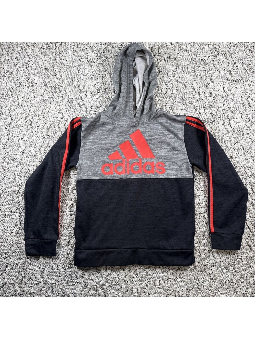 Adidas Boys Hoodie Size Medium 10/12 Gray Orange Logo Pullover Sweatshirt Athlet